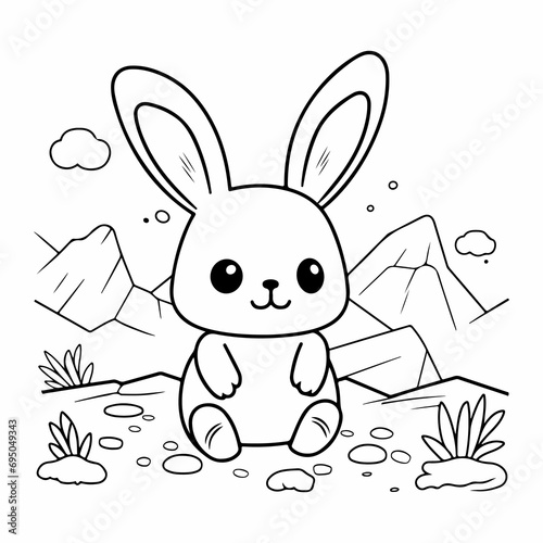 cute rabbit playing outdoor coloring page illustration 