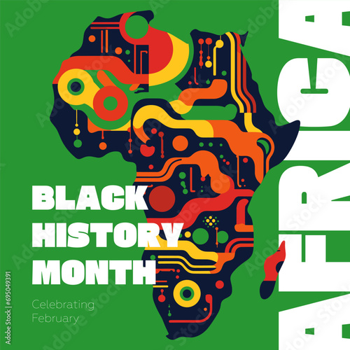 Black History Month graphic square banner. African American rights and culture celebrating. Modern creative placard. Africa in afro abstract pattern background. Art vector eps print design
