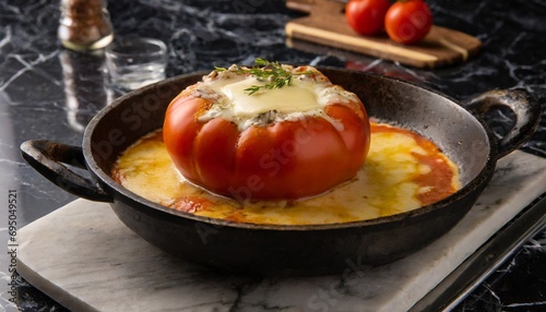 Delicioso tomate recheado com queijo e ervas na panela em um fundo estilo mármore escuro photo