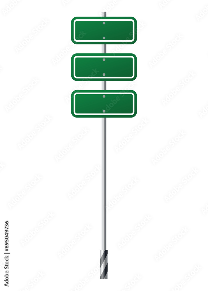 Green traffic sign. Road board text panel, mockup signage, direction highway city signpost location street way. Isolated information sign. Blank board with place for text. Vector illustration Green traffic sign. Road board text panel, mockup signage, direction highway city signpost location street way. Isolated information sign. Blank board with place for text. Vector illustration