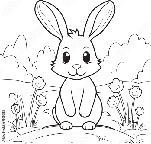 cute rabbit playing outdoor coloring page illustration 