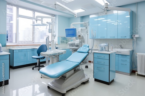 Contemporary dental clinic interior with light blue and white tones  clean and bright background © Ilja