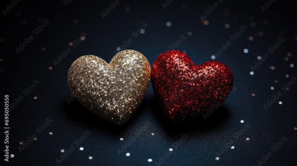Two gold and red glitter hearts. Valentine's day concept