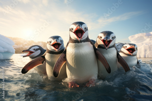 A group of penguins attempting a synchronized swimming routine on an iceberg, embracing their inner comedians. Generative Ai.