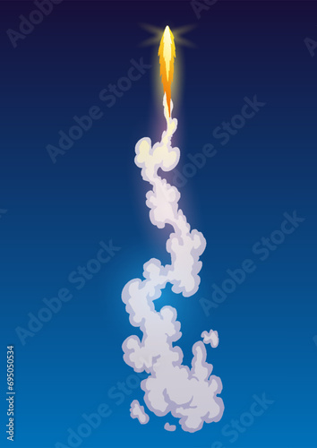 Rocket trail fire smoke, spaceship launch with clouds, spaceflight effects. Space rocket of galaxy shuttle or spacecraft engine. Cartoon vector illustration