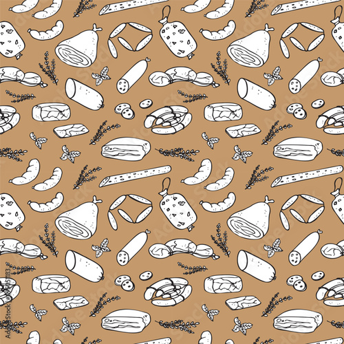 Background Sausages seamless pattern with butchery product. Hand drawn vector illustration backdrop. Smoked meat, bacon, sausages, pastrami, salami, herbs. Tasty meal, delicious snacks, food, menu photo