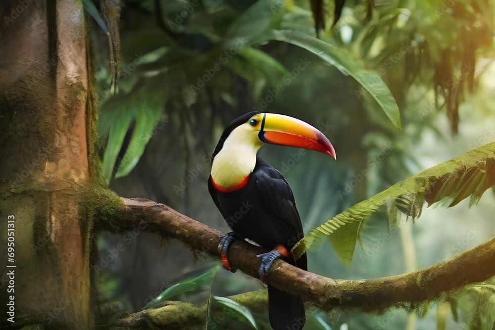 Toucan tropical bird sitting on a tree branch in natural wildlife environment in rainforest jungle Generative ai Toucan tropical bird sitting on a tree branch in natural wildlife environment in rainforest jungle Generative ai