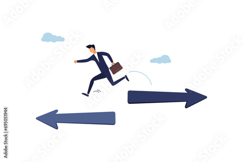 Businessman change from arrow sign to other direction. Change career, decide to go different path or direction, challenge to find new way or opportunity, progress to other choice or journey concept.