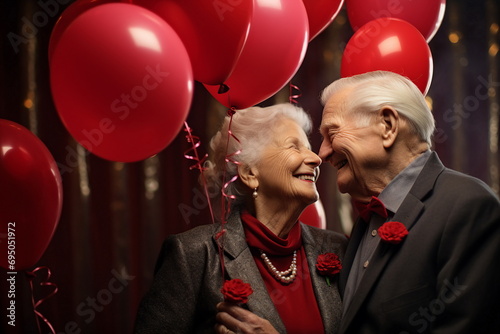 senior couple celebrate valentines day with red balloons