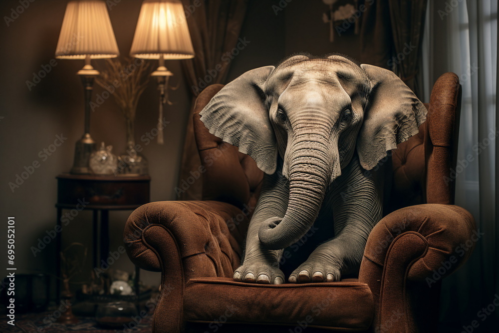domestic elephant sit on a couch chair