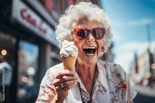 senior woman eat ice cream on street