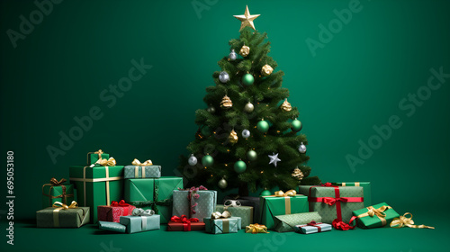 Traditional Christmas Tree with a Trove of Wrapped Presents, Green Background