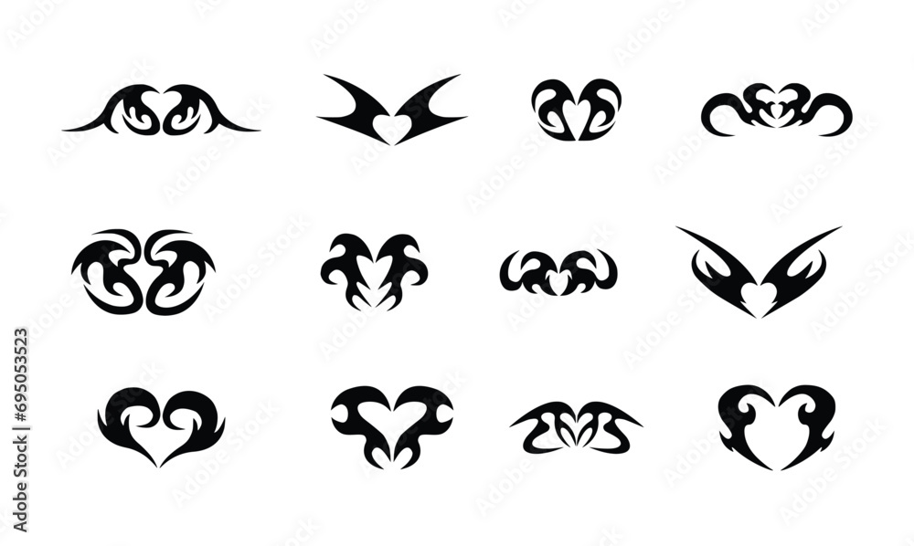 Neo tribal tattoo set, gothic cyber body ornament shapes kit, Celtic vector abstract Hawaiian sign. Maori sleeve symbol y2k Polynesian metal abstract symmetry swirl wing. Neo tribal silhouette clipart - obrazy, fototapety, plakaty 