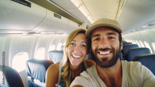 Young handsome couple taking a selfie on the airplane during flight around the world. They are a man and a woman, smiling and looking at camera. Travel, happiness and lifestyle concepts. © Natalia Klenova