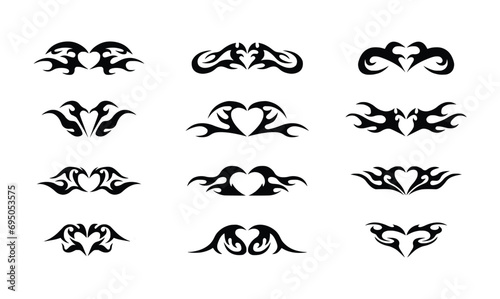 Neo tribal tattoo set, gothic cyber body ornament shapes kit, Celtic vector abstract Hawaiian sign. Maori sleeve symbol y2k Polynesian metal abstract symmetry swirl wing. Neo tribal silhouette clipart