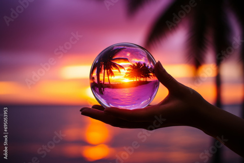 sunset creative photography on beach with crystal ball with reflections photo