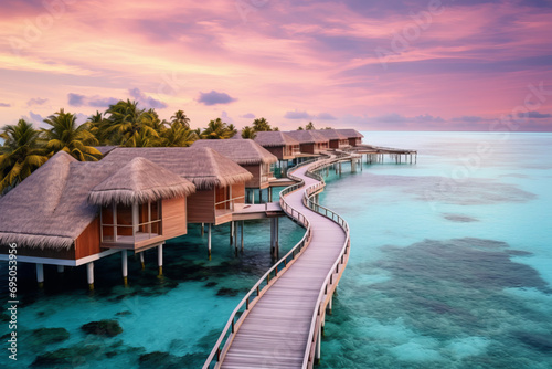 Water bungalows and wooden jetty on Maldives photo