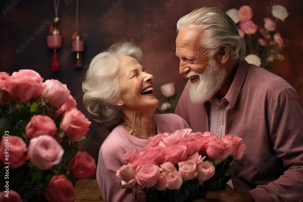 Senior man surprises wife with flowers. St. Valentine's Day concept.