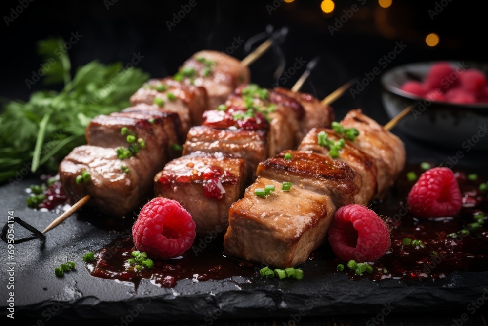 Gourmet pork skewers with raspberry sauce on dark slate, garnished with fresh raspberries and greens. Ideal for fine dining menus. Gourmet pork skewers with raspberry sauce on dark slate, garnished with fresh raspberries and greens. Ideal for fine dining menus.