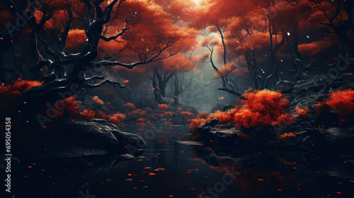 A Gloomy Autumn Forest in a Fantasy World. Generativ © yaxir