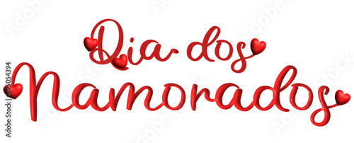 Dia dos namorados, Valentine's Day, three-dimensional writing, written in Portuguese, red color with red  hearts, holiday vector graphics, suitable for greeting card, message, banner, icon