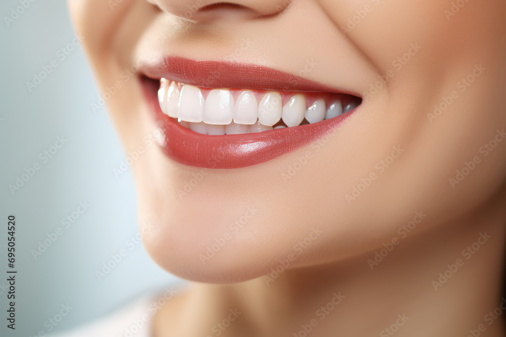 Fototapeta premium Beautiful female smile after teeth whitening procedure. Dental care. Dentistry concept.