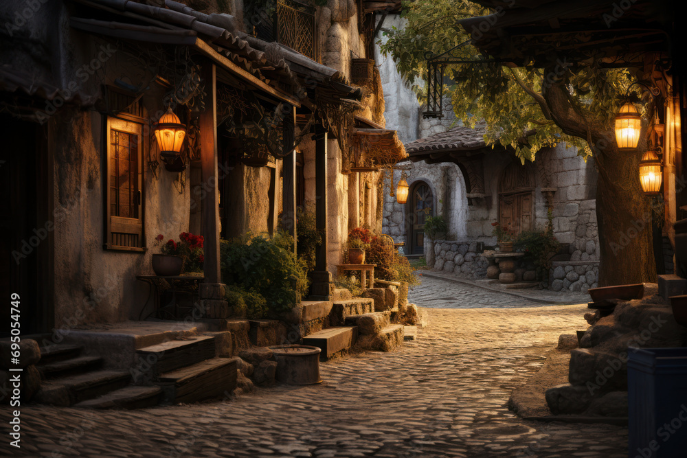 A quiet alley in a historic town, where cobblestone streets and antique lanterns create an atmosphere of tranquil nostalgia. Generative Ai. A quiet alley in a historic town, where cobblestone streets and antique lanterns create an atmosphere of tranquil nostalgia. Generative Ai.