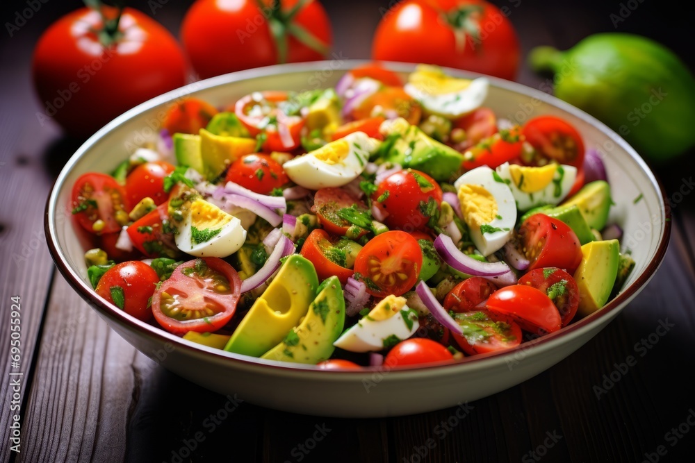 Fresh avocado salad with tomatoes, eggs, and red onion. Healthy and colorful meal concept. Fresh avocado salad with tomatoes, eggs, and red onion. Healthy and colorful meal concept.