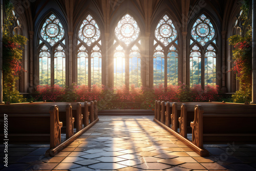 A quiet chapel with sunlight streaming through stained glass windows  creating an atmosphere of spiritual peace. Generative Ai.