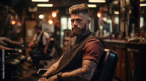A man gets a haircut at a barbershop.