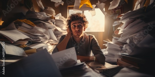 Navigating the Abyss: Amidst a deluge of paperwork and bills, a person grapples with the tumultuous landscape of financial disarray