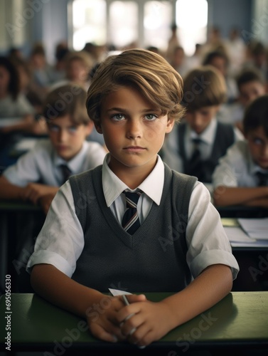 A young boy in a school uniform sitting at a desk. Generative AI. photo