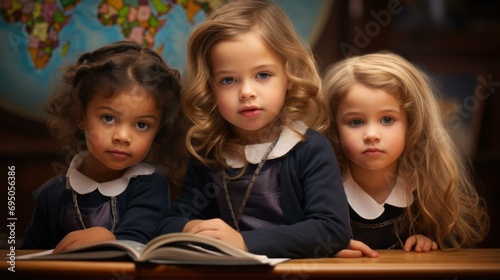 Three little girls sitting at a table with a book. Generative AI.