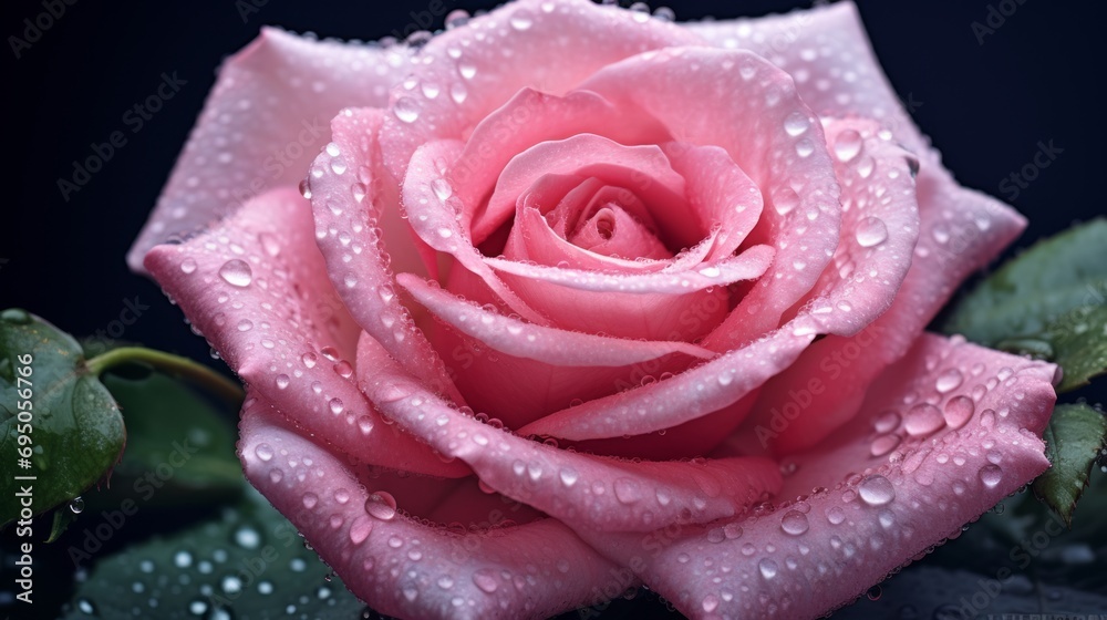 Elegant pink rose with dew droplets on petals against a dark background, perfect for romantic and beauty themes.