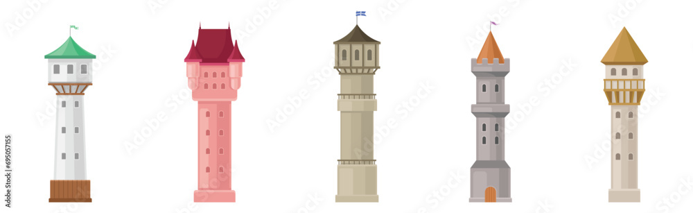 Tower and Turret of Ancient Medieval Castle or Fortress Element Vector Set