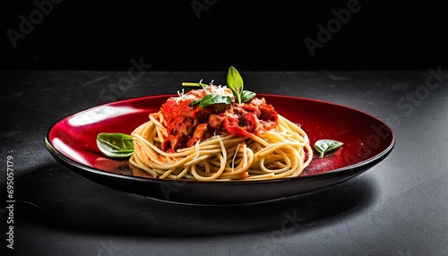Red dark plate with italian spaghetti on dark