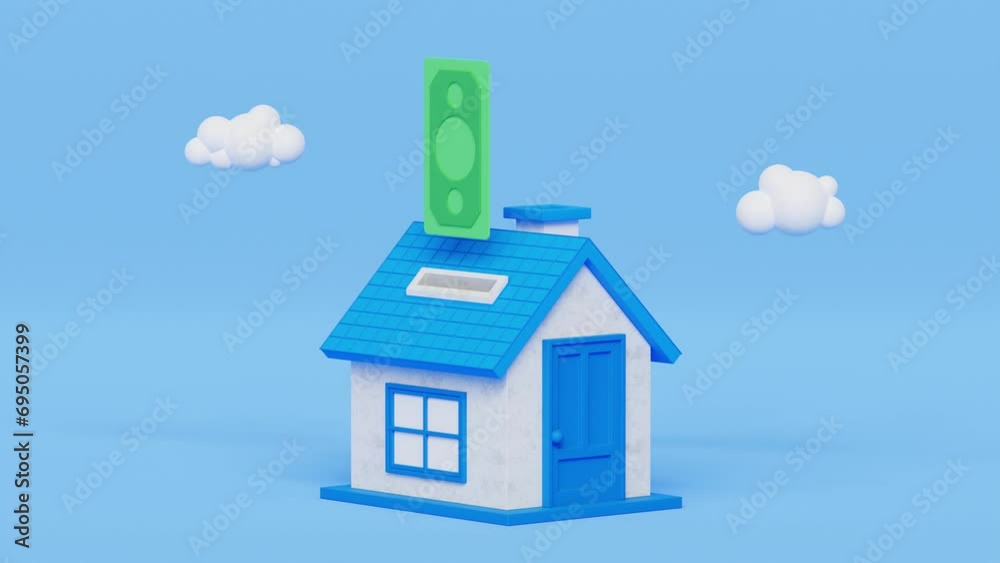 Paying home loan. Down payment for a house. Real Estate Property investment. Home loan, mortgage, rent, house tax concept. 3D banknote falling into a house. 4k 3d loop animation Paying home loan. Down payment for a house. Real Estate Property investment. Home loan, mortgage, rent, house tax concept. 3D banknote falling into a house. 4k 3d loop animation