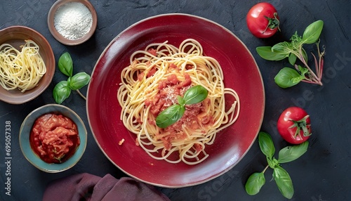 Red dark plate with italian spaghetti on dark  