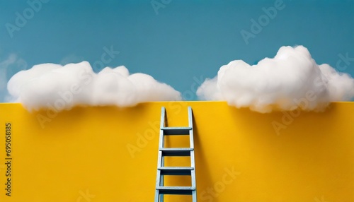 Step ladder leading to clouds. Minimal blue and yellow compostition. 