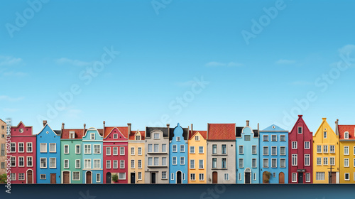 A Row of Colorful Houses in the City with Blue Background