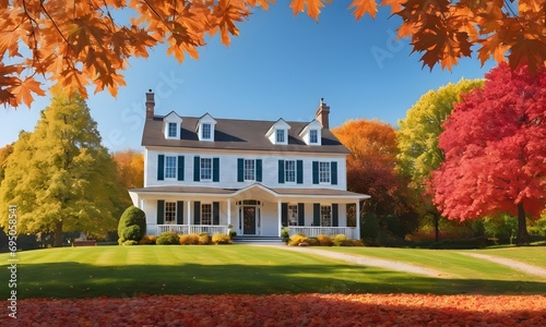 view of an autumn park with a beautiful country house