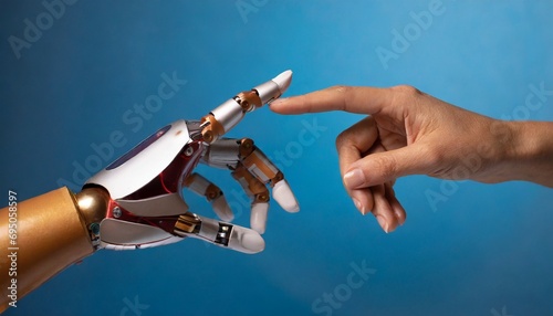 Robot hand background, presenting technology gesture, blue background