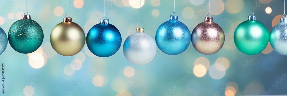 Christmas border with blue green shiny ornaments bauble balls hanging in a row on holiday celebration bokeh sparkling background with copy space, blue green golden glitter glowing backgrounds. Christmas border with blue green shiny ornaments bauble balls hanging in a row on holiday celebration bokeh sparkling background with copy space, blue green golden glitter glowing backgrounds.