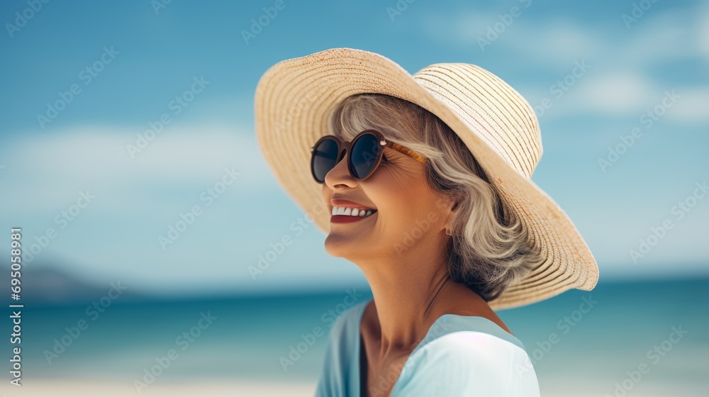 Mature woman with beach hat and sunglasses on blue beautiful sky and beach background with copy space, concept of traveling, retirement lifestyle and live well.