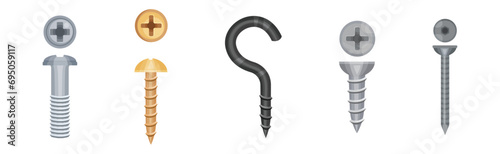 Nail and Bolt of Stainless Steel and Copper Vector Set