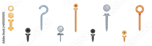 Nail and Bolt of Stainless Steel and Copper Vector Set