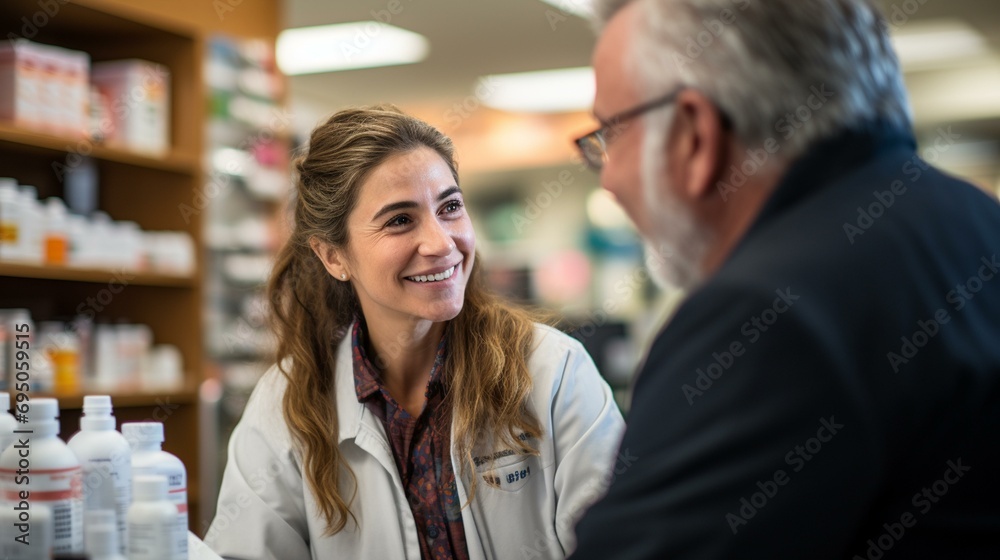 A pharmacist counseling a patient on medication usage and potential side effects,[patient treatment]