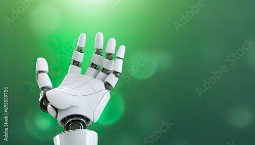 White robot hand background, presenting technology gesture. Technology meets humanity background. Green background.	
