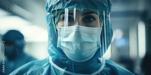 Close-up of a beautiful young woman in a medical mask. 