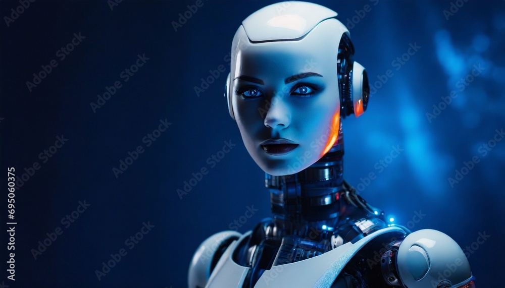 Highly detailed portrait beautiful female robot. Text space, blue background.	
